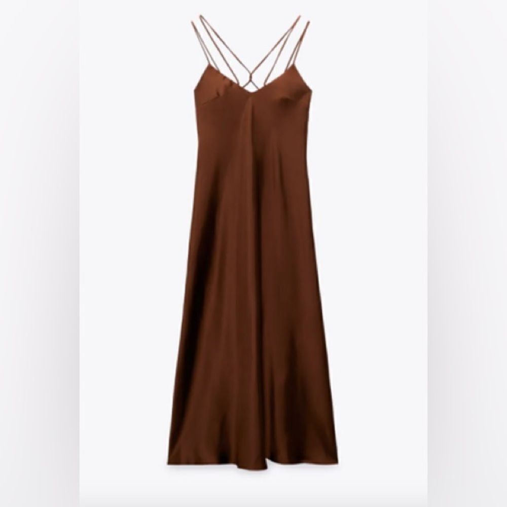 Zara Satin Strappy Midi Slip Dress Brown Sz. XL Criss Cross Back Summer Elegance - Picture 2 of 5